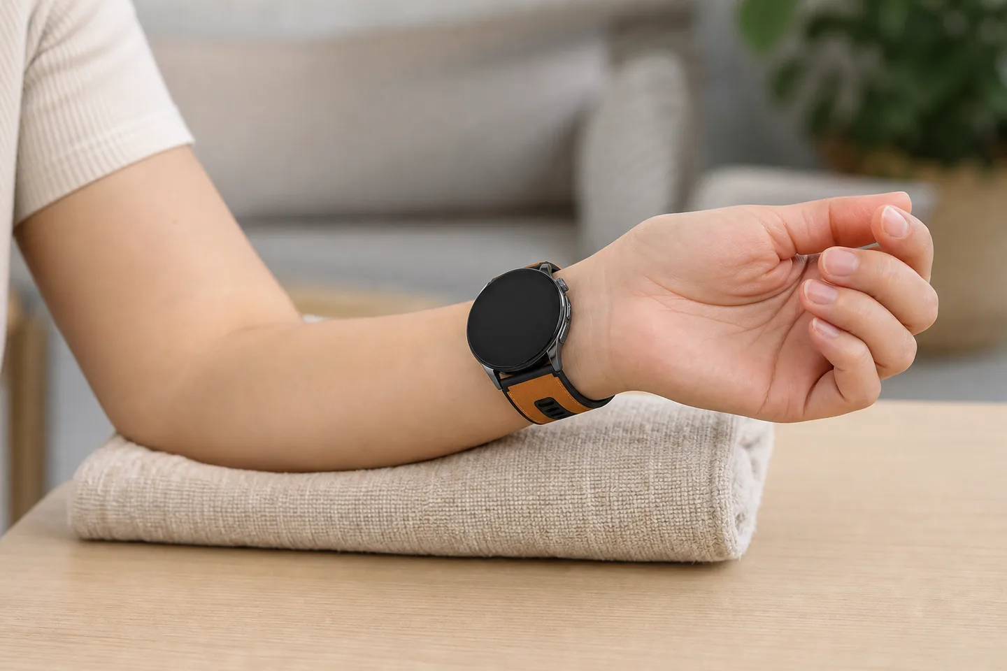 A supported wrist wearing an air-pump wellness watch