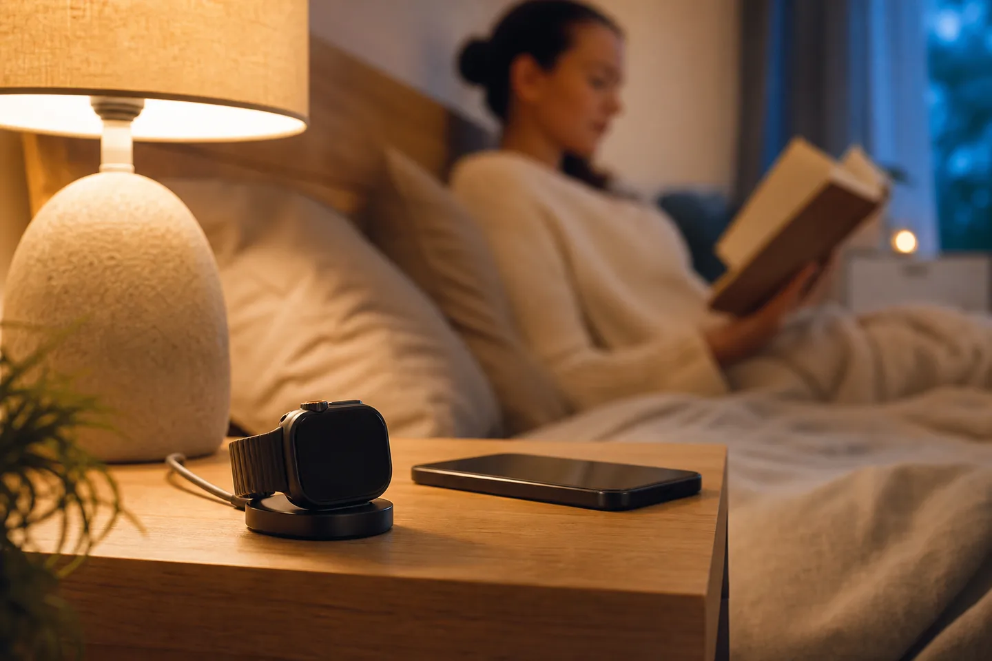 A smartwatch charging beside a calm bedtime routine