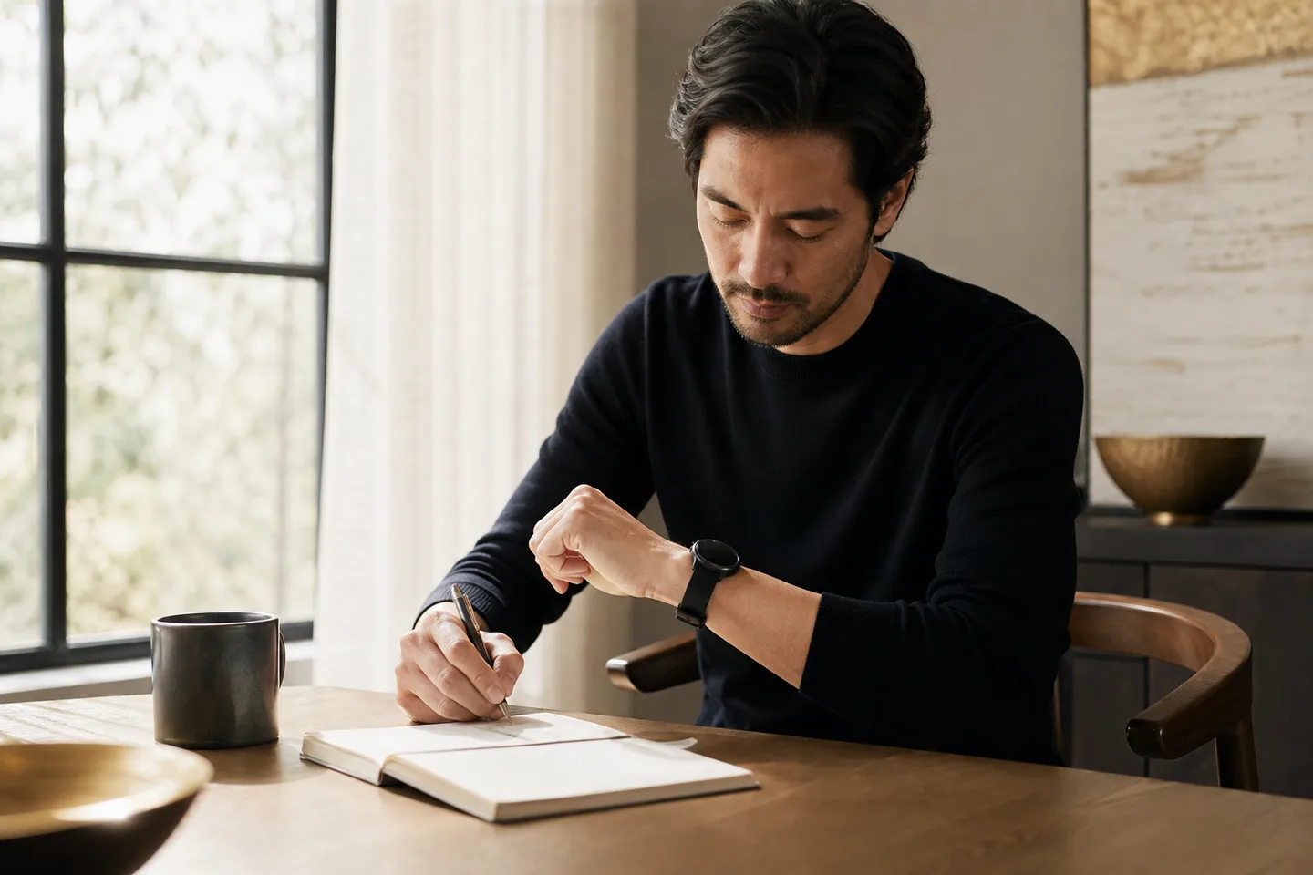 A calm morning wearable routine with one simple check and a notebook