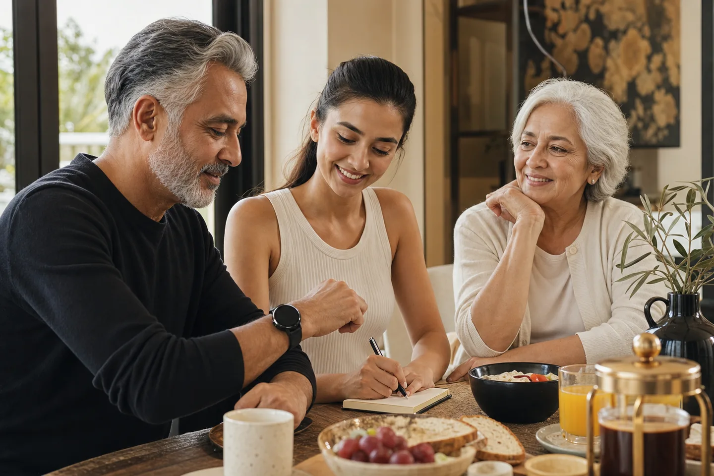 Three generations sharing a calm morning wellness check-in