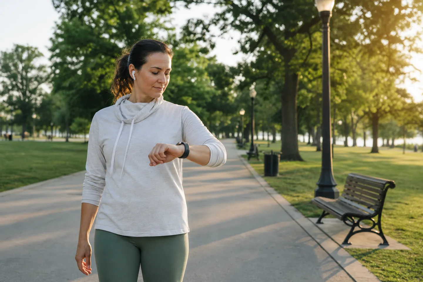 An adult reviewing a smartwatch heart-rate trend after a park walk