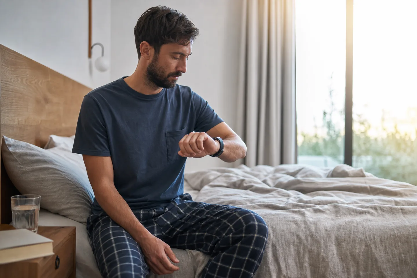 An adult reviewing a wearable sleep trend in natural morning light