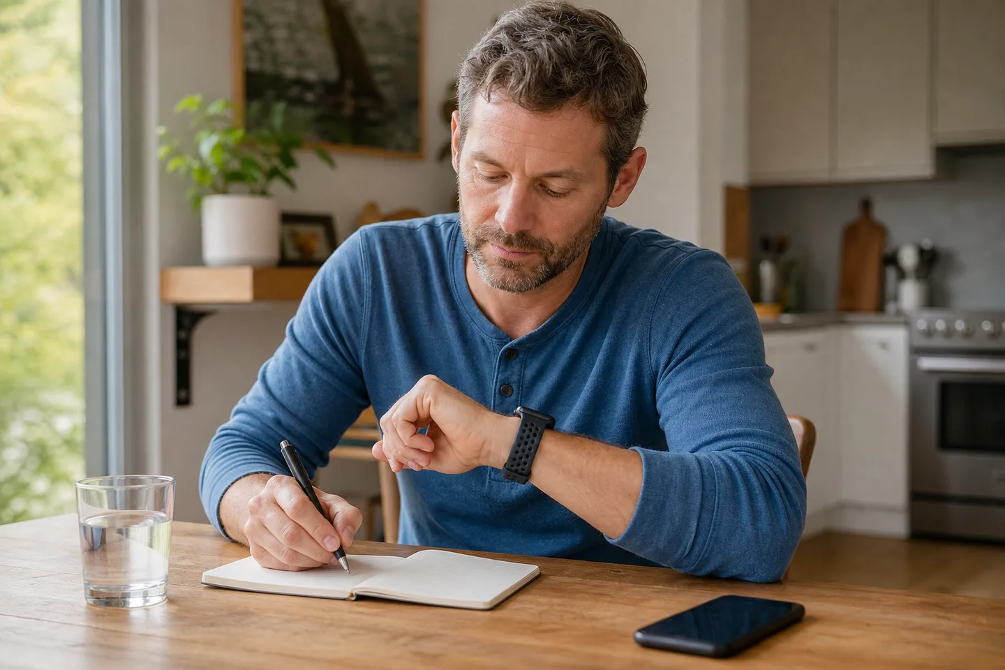 An adult calmly adding context to a wearable reading in a notebook