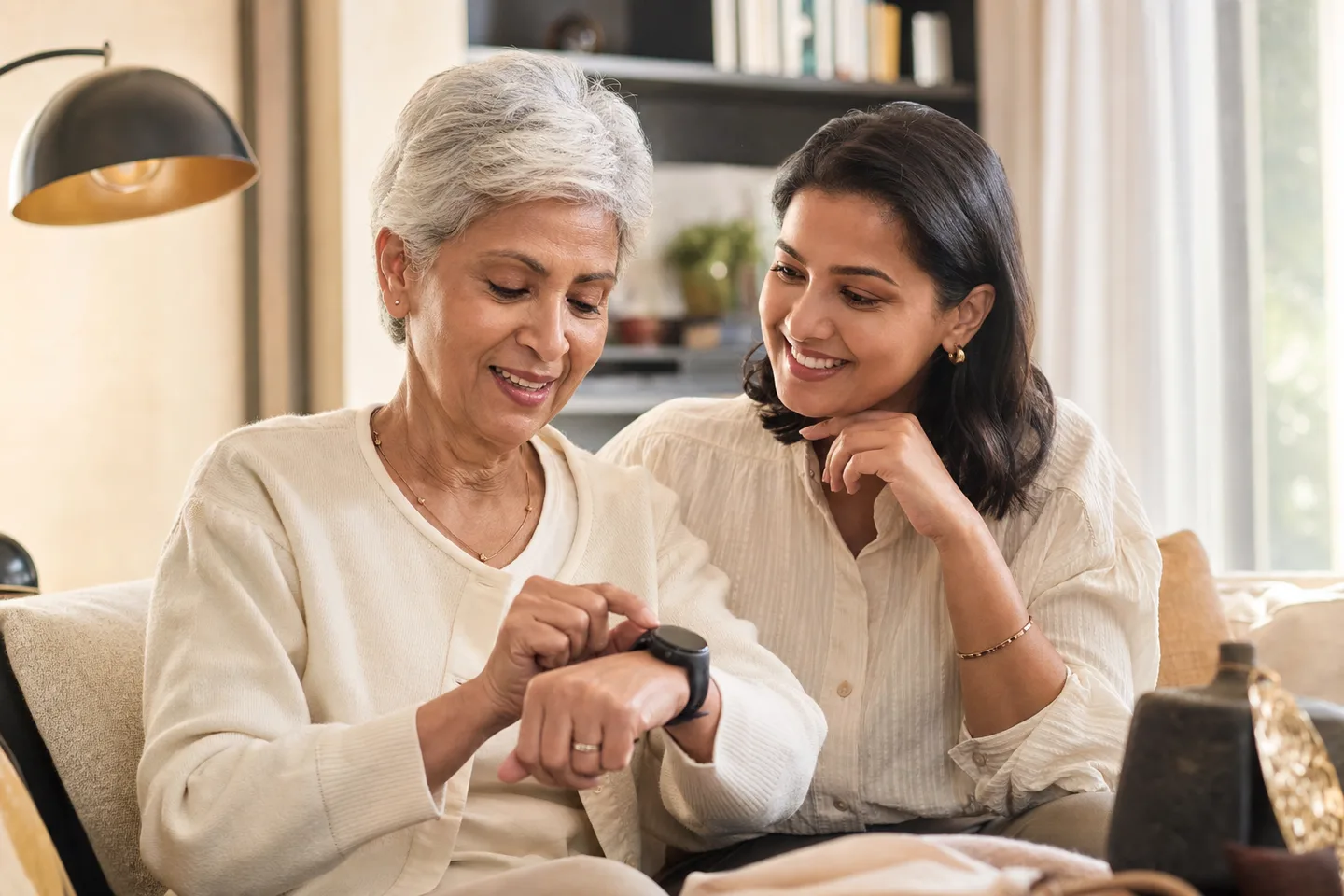 An older parent learning one smartwatch feature with family support