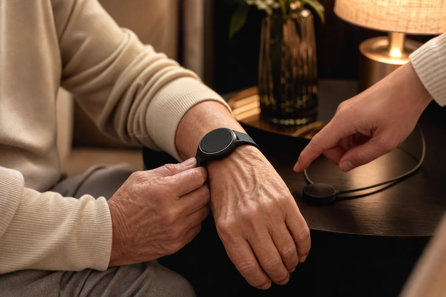 An older adult adjusting a smartwatch strap while a family member supports the setup