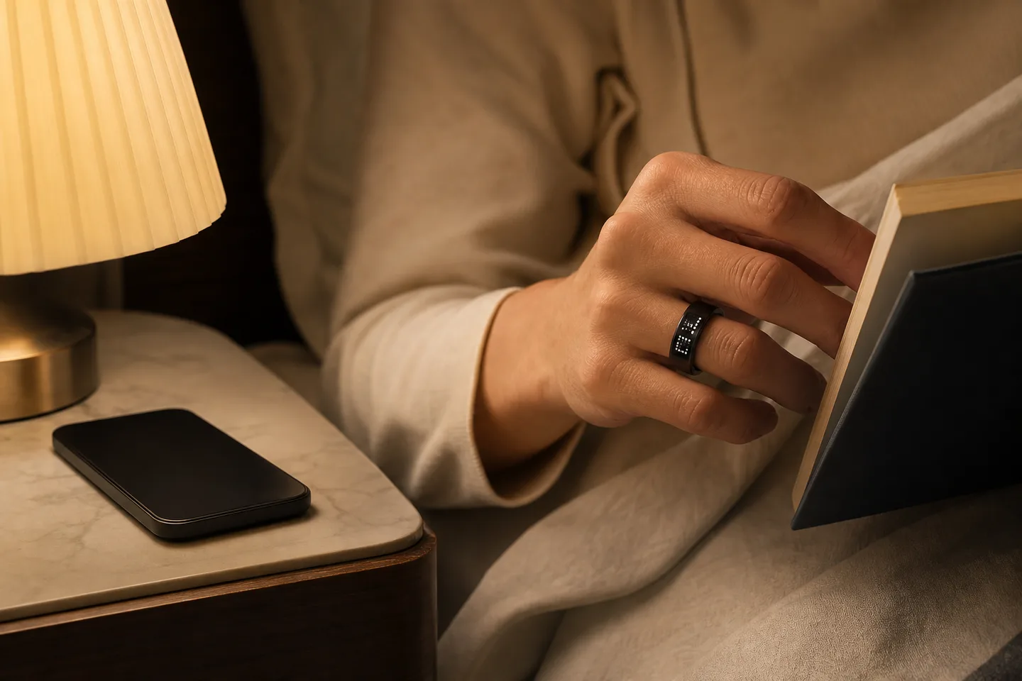 A compact smart ring worn during a calm evening routine