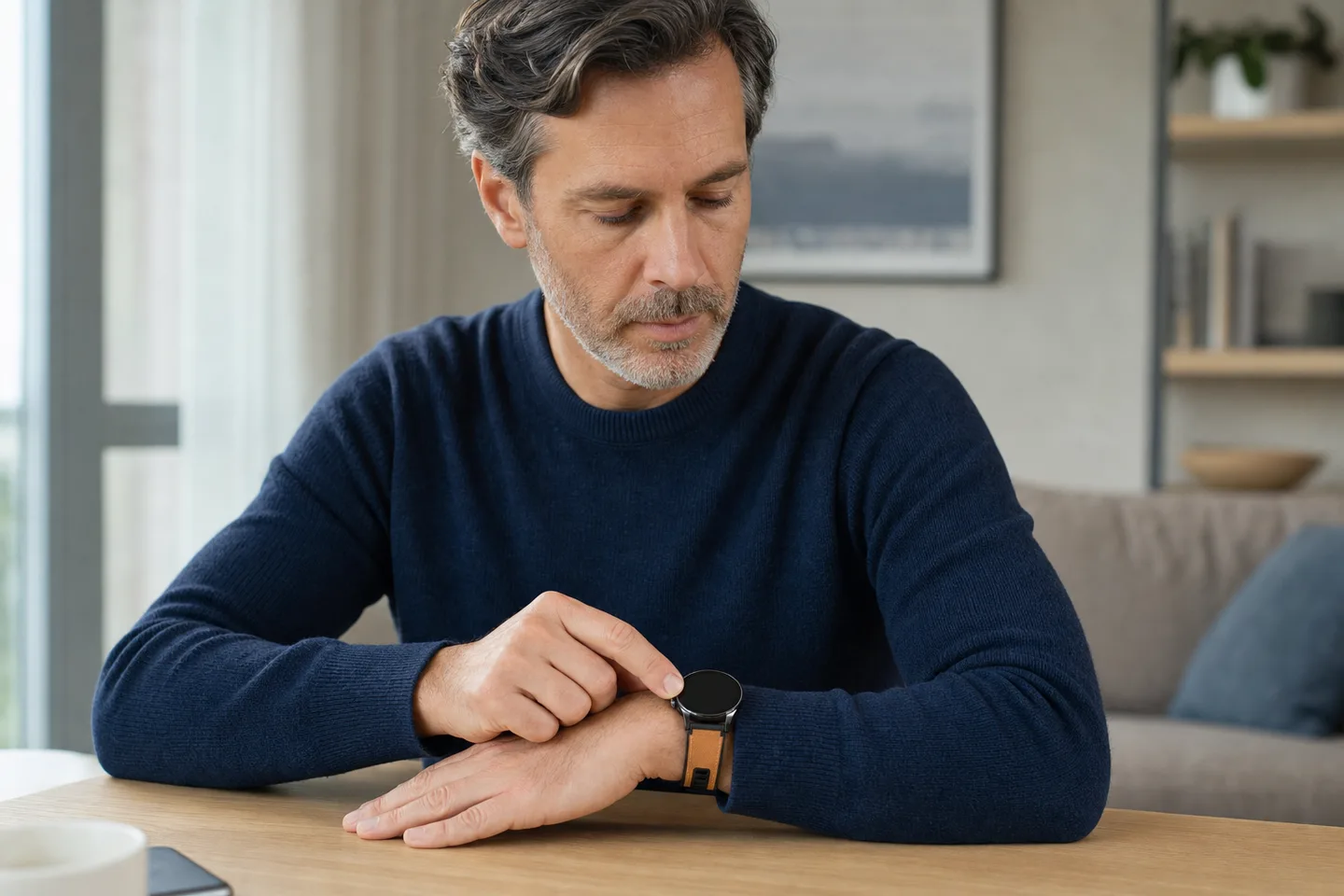 A seated adult taking a guided single-lead ECG snapshot on a smartwatch